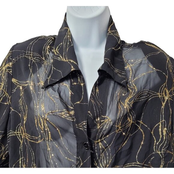 G Lance Top Vintage Plus Size 2X Sheer Black Gold Glitter Button Bright Artsy - Picture 1 of 15